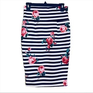 Silhouette NYC Bodycon skirt striped floral roses stretch Medium